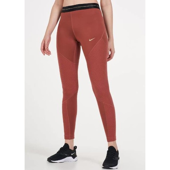 Nike Pro Icon Clash Women's Leggings  Claystone Red/Metallic Gold Large - Picture 1 of 8